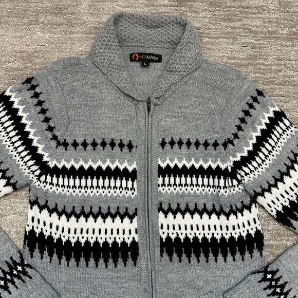 Inti Alpaca Sweater Women Large Gray Fair Isle Cardigan Pockets Alpaca Wool Peru - Picture 2 of 12